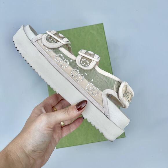 Gucci Nude Crystal Mesh Double Strap Sandals Size 38 EU - Picture 8 of 14